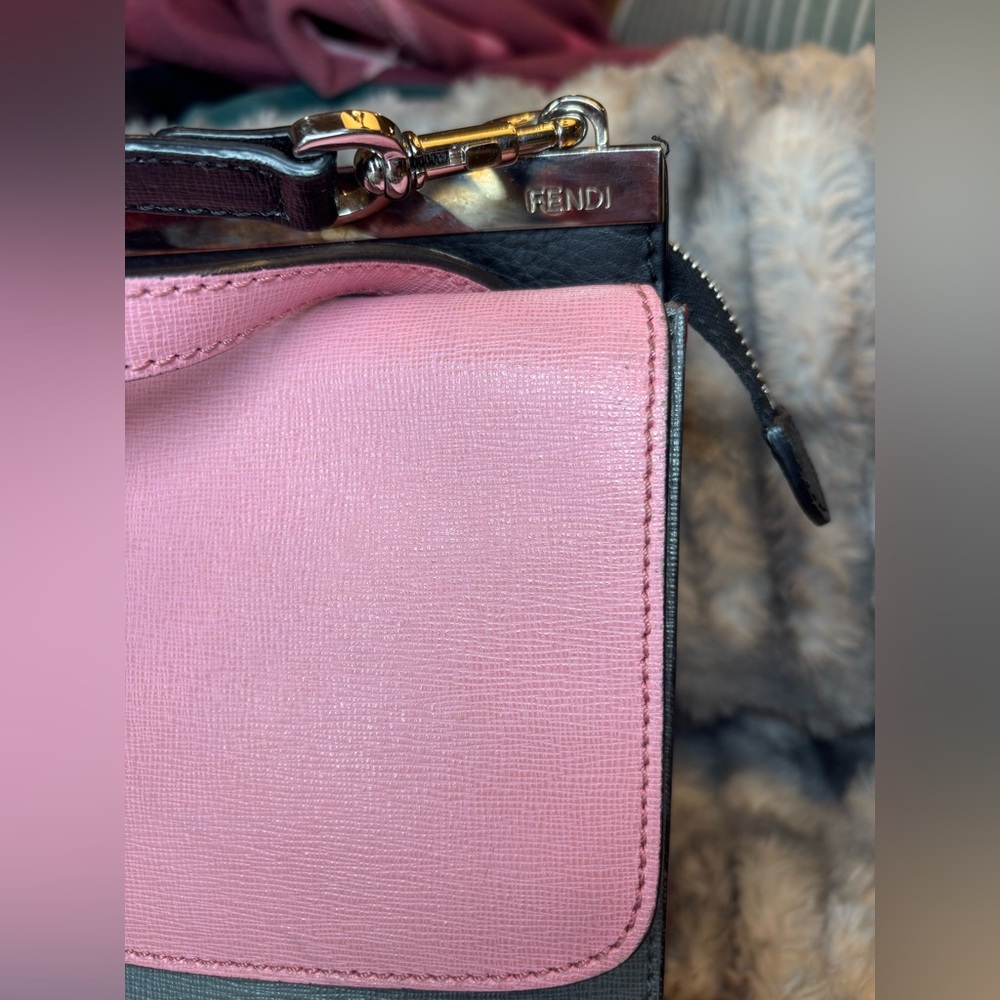 FENDI✨Demi Jour Top Handle Bag✨Pink Grey Red Leather✨Saffiano Satchel Crossbody - Picture 11 of 13